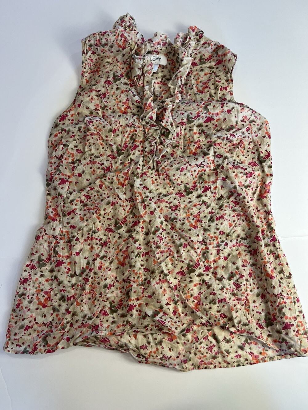 Ann Taylor LOFT Women’s Sleeveless V-Neck Button Ruffle Floral Blouse M